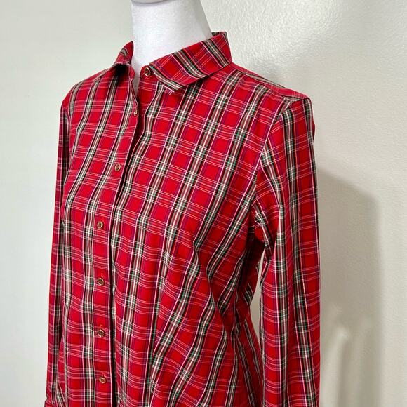 Talbots Plaid Non Iron Shirt 2 Womens Red Green Gold Button Down Christmas - Picture 3 of 14